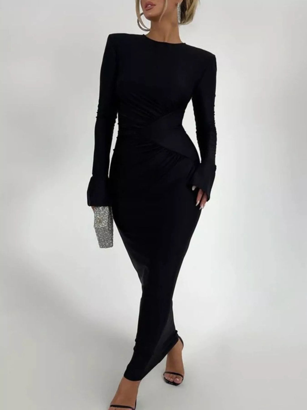 Black ruched bodycon maxi dress with long sleeves and diagonal waist ruching