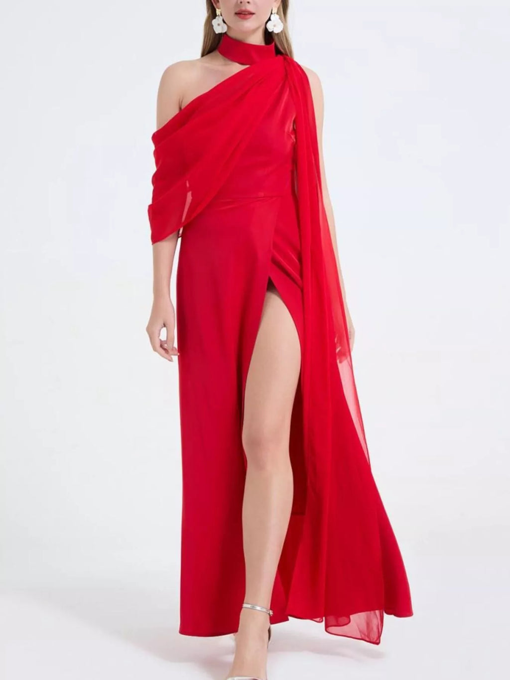 Red one-shoulder high-slit maxi dress with flowing side overlay panel