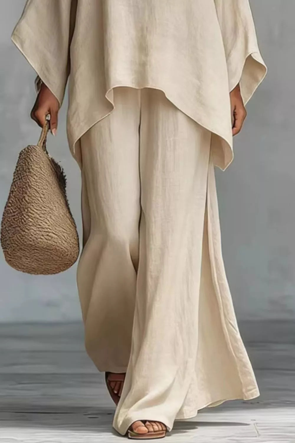 Beige solid long-sleeve draped top with wide-leg pants set, relaxed fit
