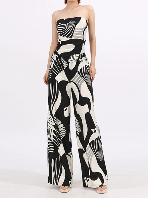 Women’s tube top and wide-leg pants set with black-and-white abstract swirl print