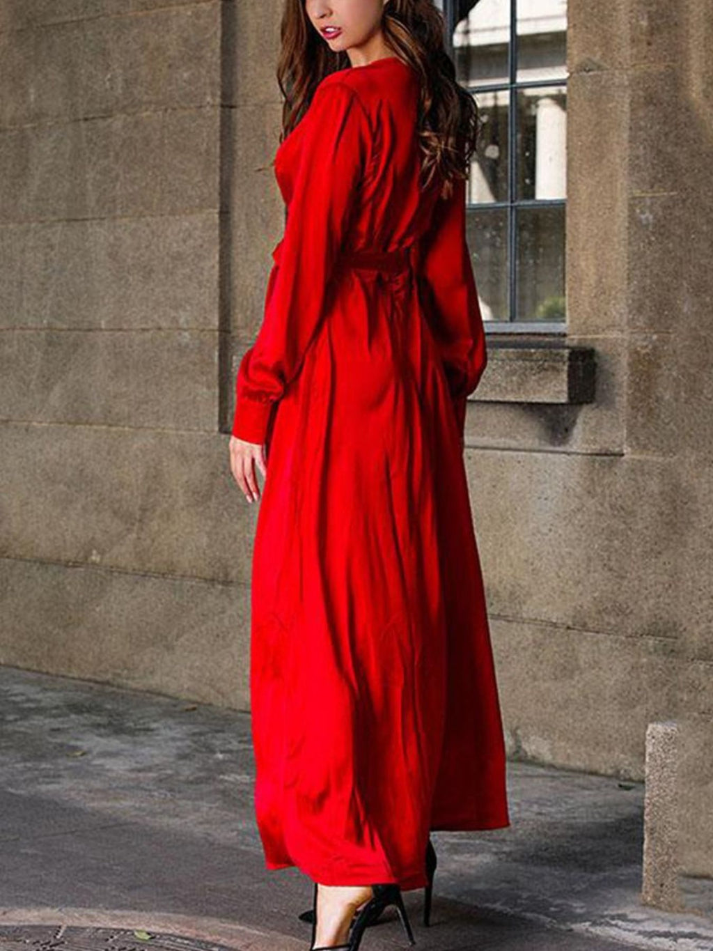 Deep red surplice maxi dress with long sleeves, V-neck, belted waist, maxi length