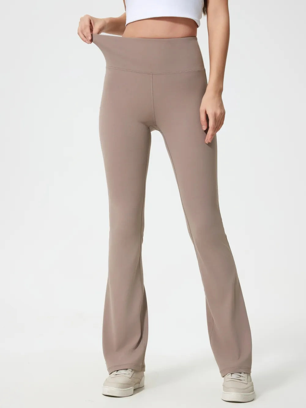 Mocha high-waist active flared pants with smooth, straight-leg seams