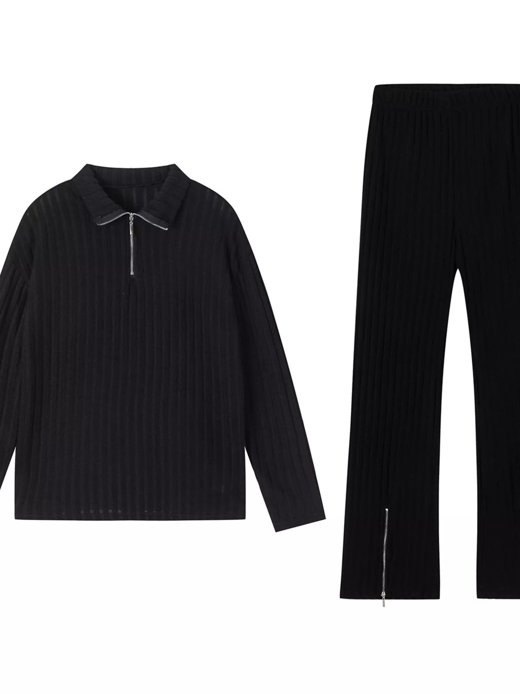 Black ribbed knit top with long sleeves and matching straight pants set