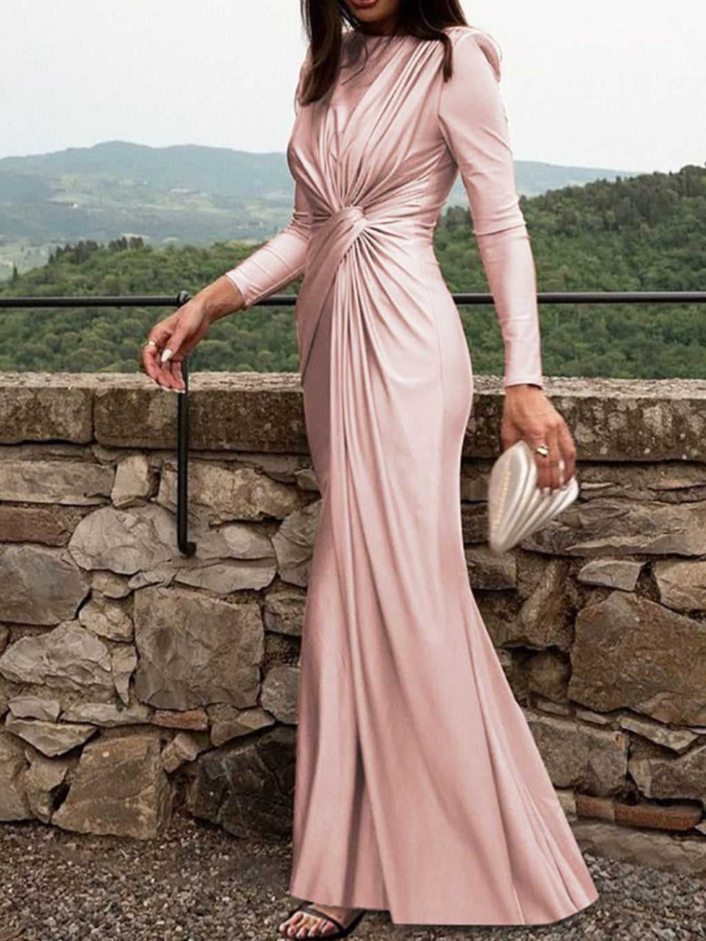 Ruched knot-front long sleeve maxi dress in soft pink, ruched center knot detail