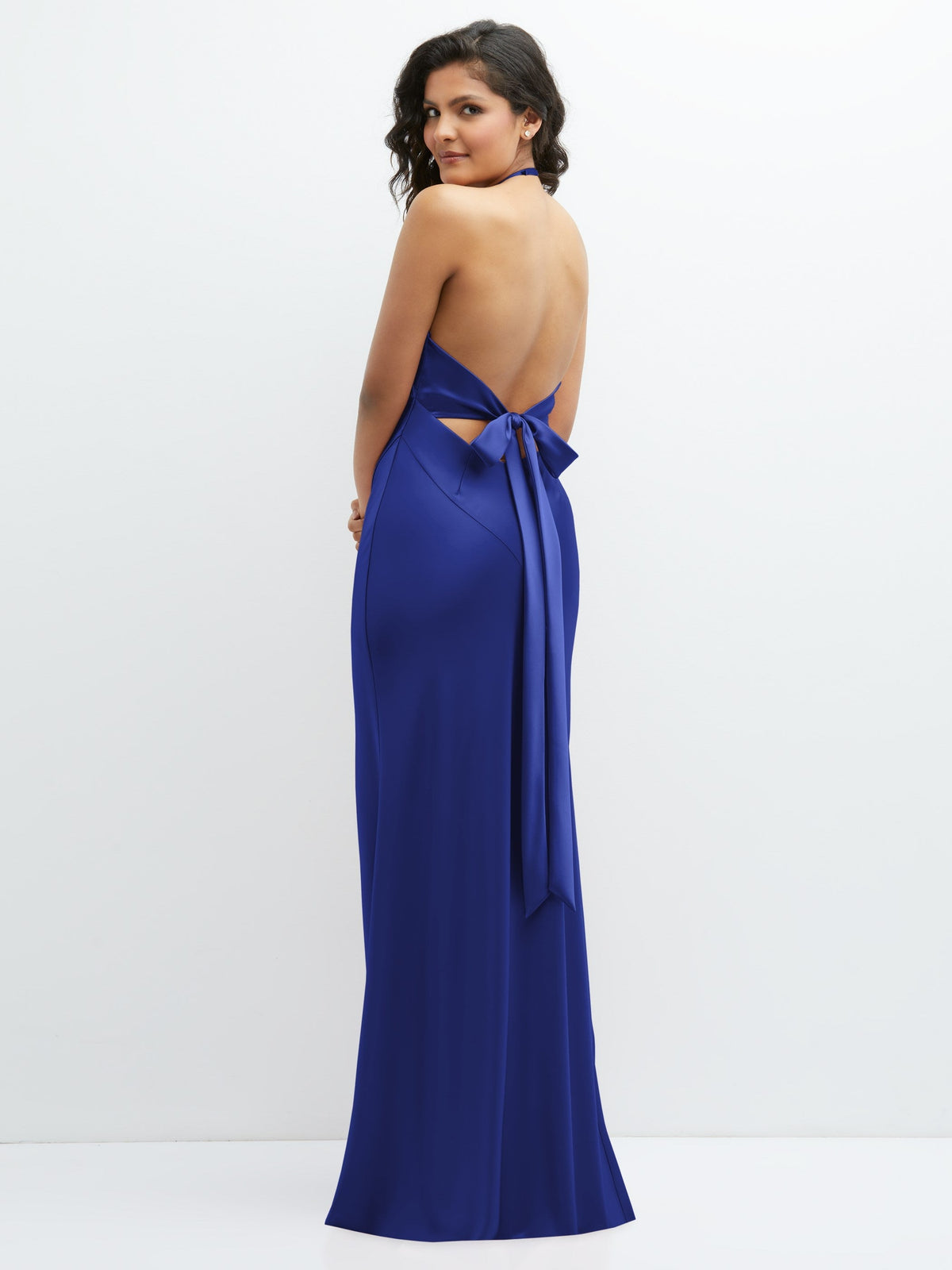 Plunge Halter Open-Back Maxi Bias Dress with Low Tie Back