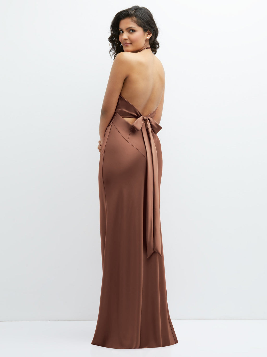 Plunge Halter Open-Back Maxi Bias Dress with Low Tie Back