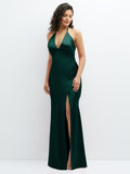 Plunge Halter Open-Back Maxi Bias Dress with Low Tie Back
