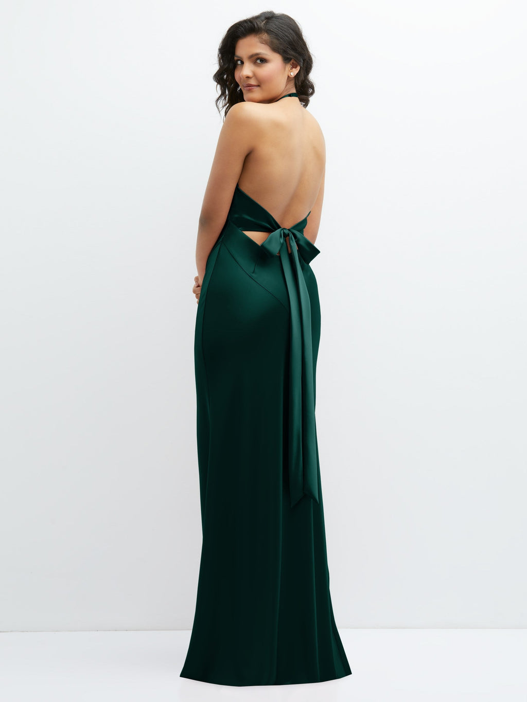 Plunge Halter Open-Back Maxi Bias Dress with Low Tie Back