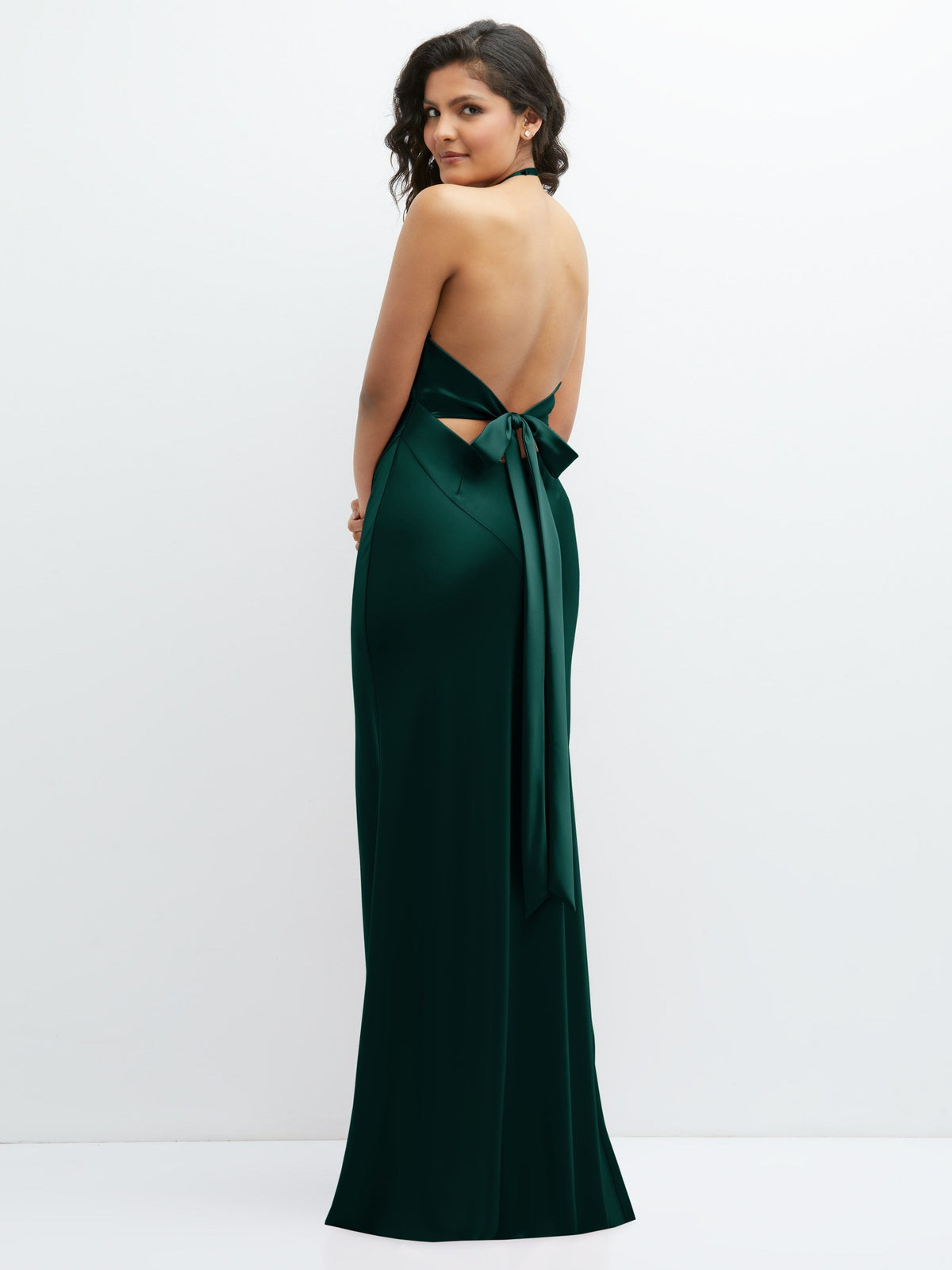 Plunge Halter Open-Back Maxi Bias Dress with Low Tie Back