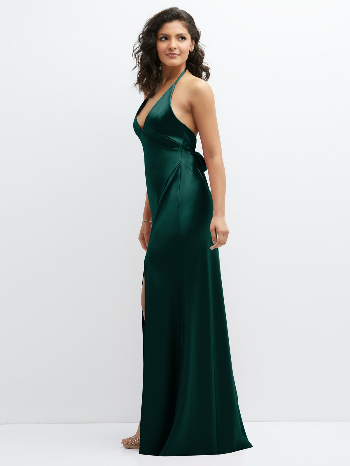 Plunge Halter Open-Back Maxi Bias Dress with Low Tie Back