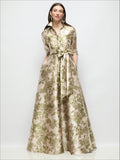 Abstract Floral Jacquard Shirt Dress Gown with Sash & Jeweled Buttons