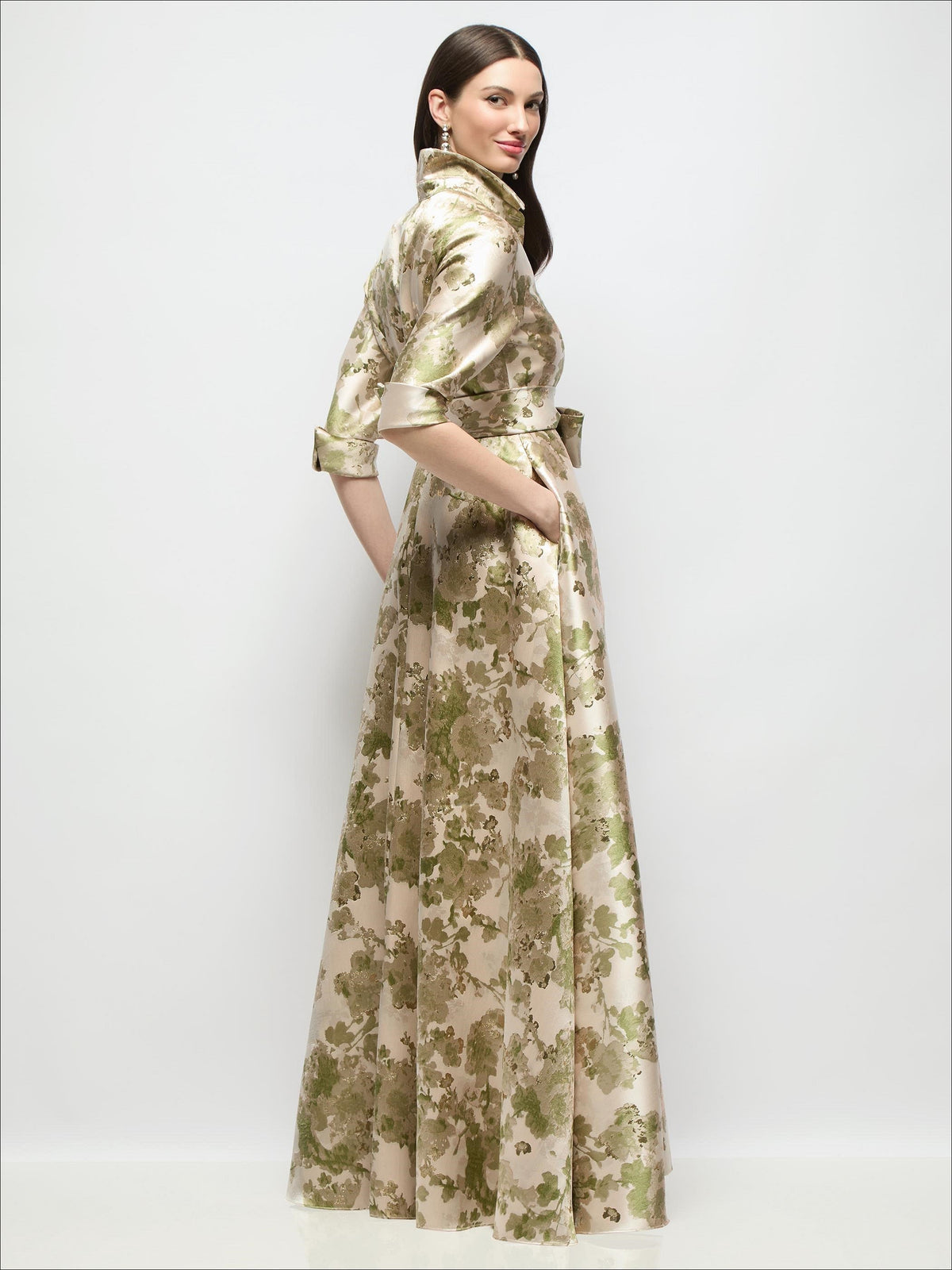 Abstract Floral Jacquard Shirt Dress Gown with Sash & Jeweled Buttons