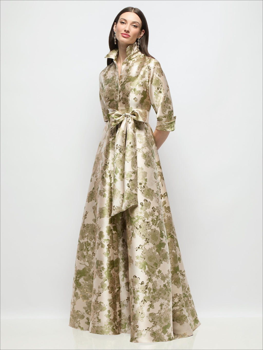 Abstract Floral Jacquard Shirt Dress Gown with Sash & Jeweled Buttons