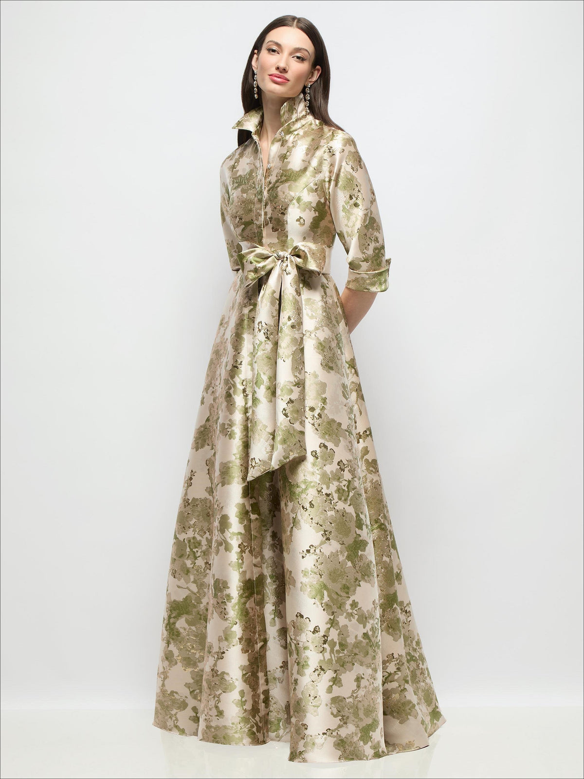 Abstract Floral Jacquard Shirt Dress Gown with Sash & Jeweled Buttons