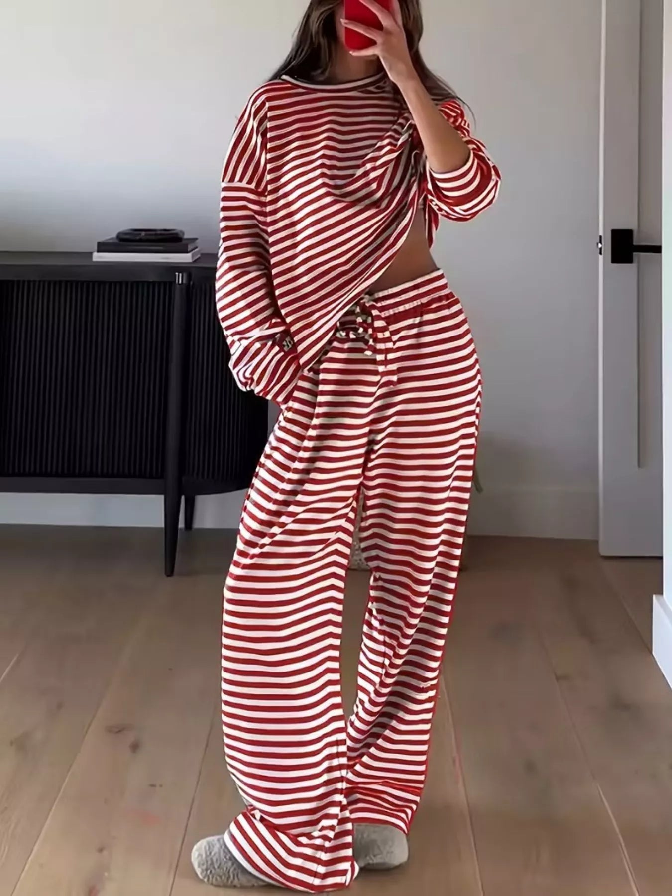 Scarlet-and-white striped long-sleeve crew-neck top with matching wide-leg pants set