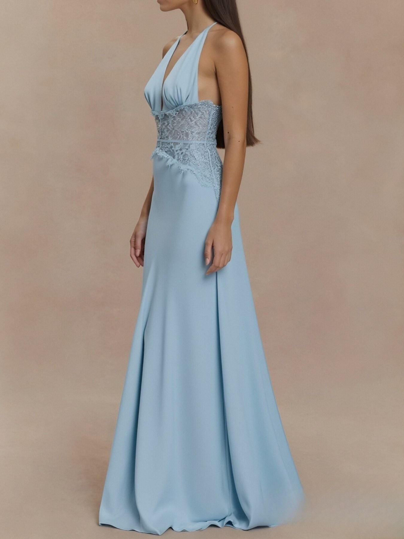 Sky blue halter neck maxi dress with lace bodice and flowing floor-length skirt