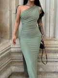 Green one-shoulder ruched bodycon midi dress with side slit