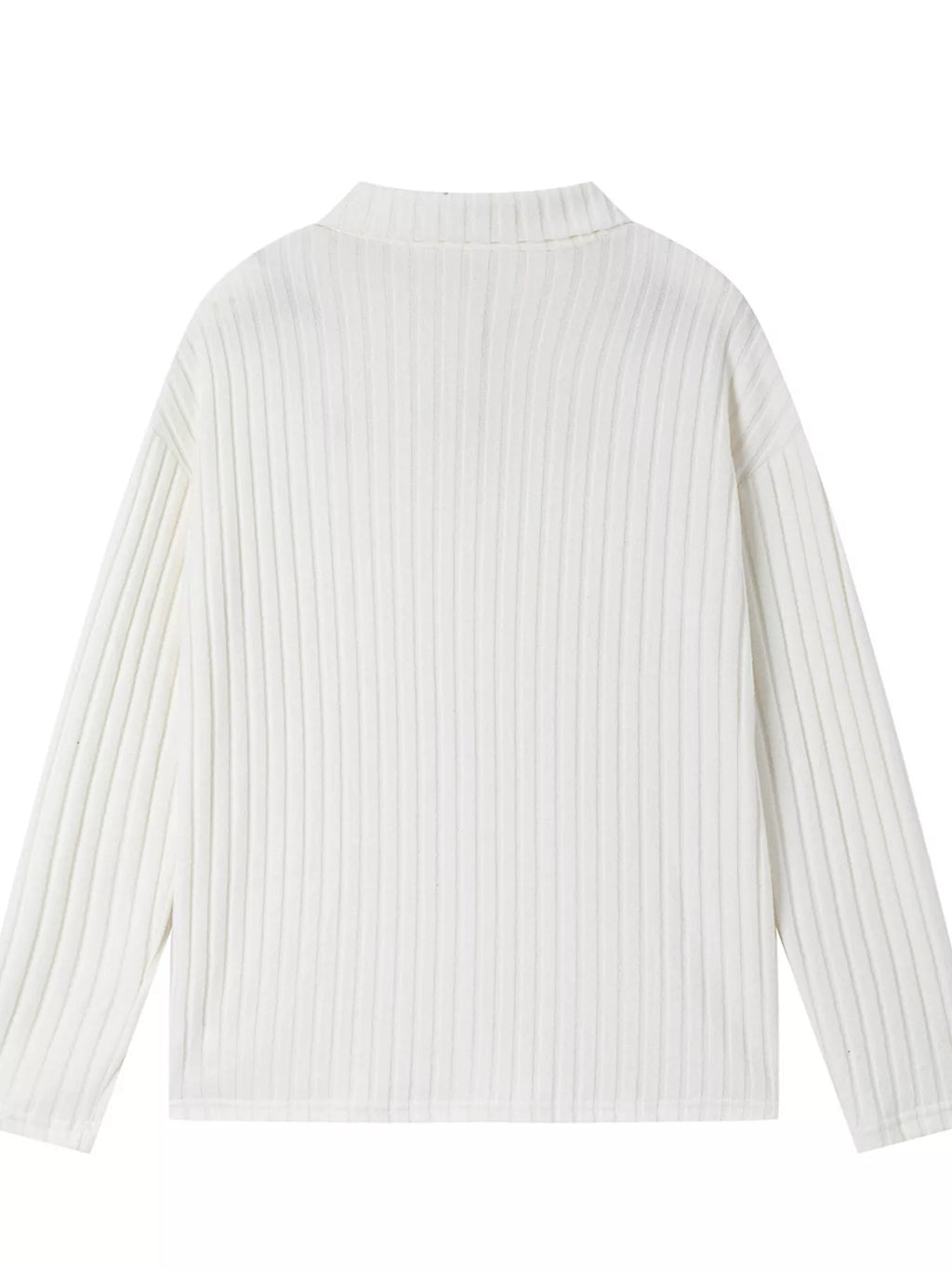 Off-white ribbed knit turtleneck pullover top with long sleeves, straight fit