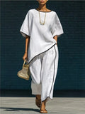 White contrast-trim round-neck top and matching pants set with black piping