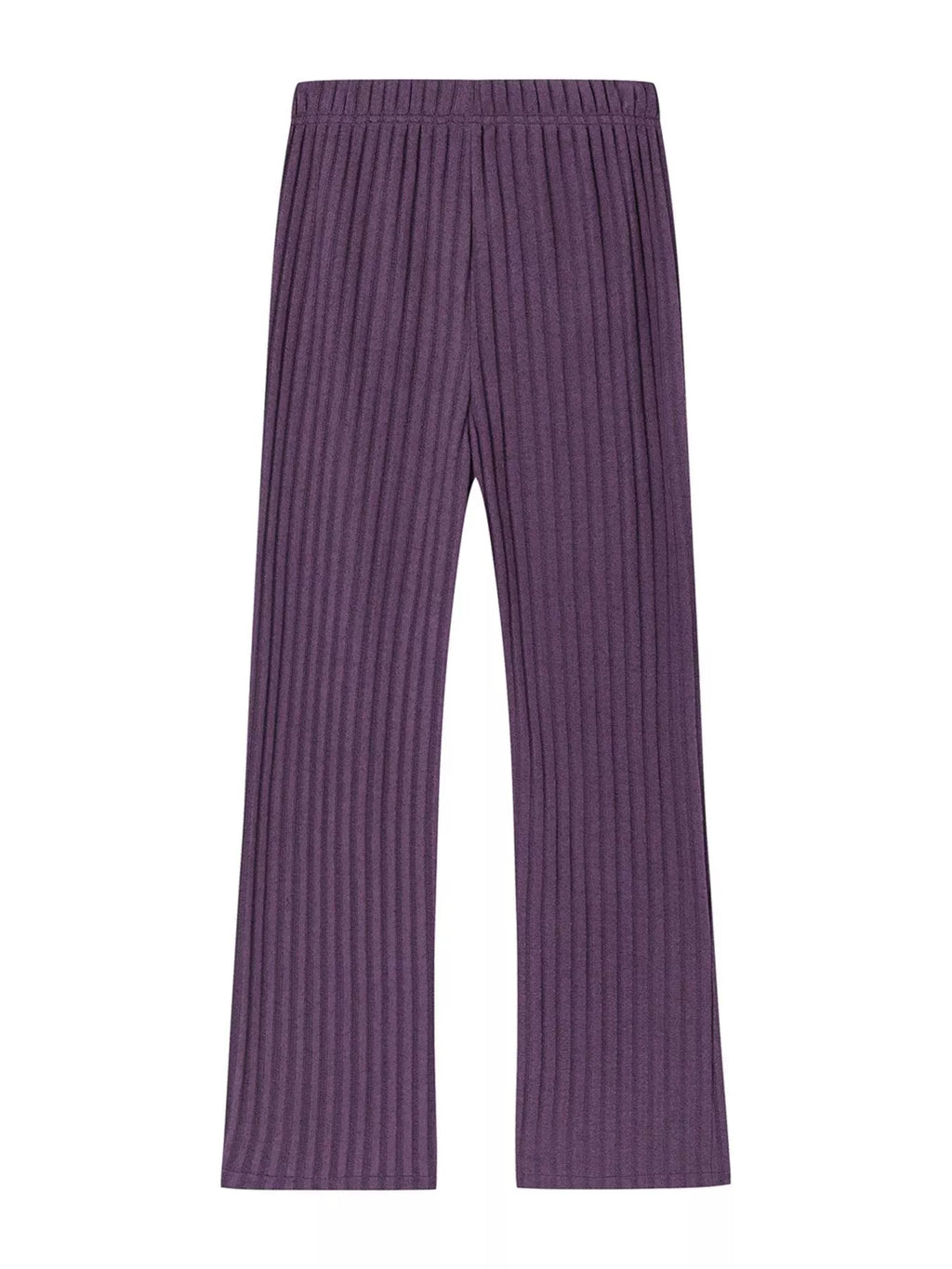 Purple ribbed knit wide-leg pants with elastic waist and vertical texture