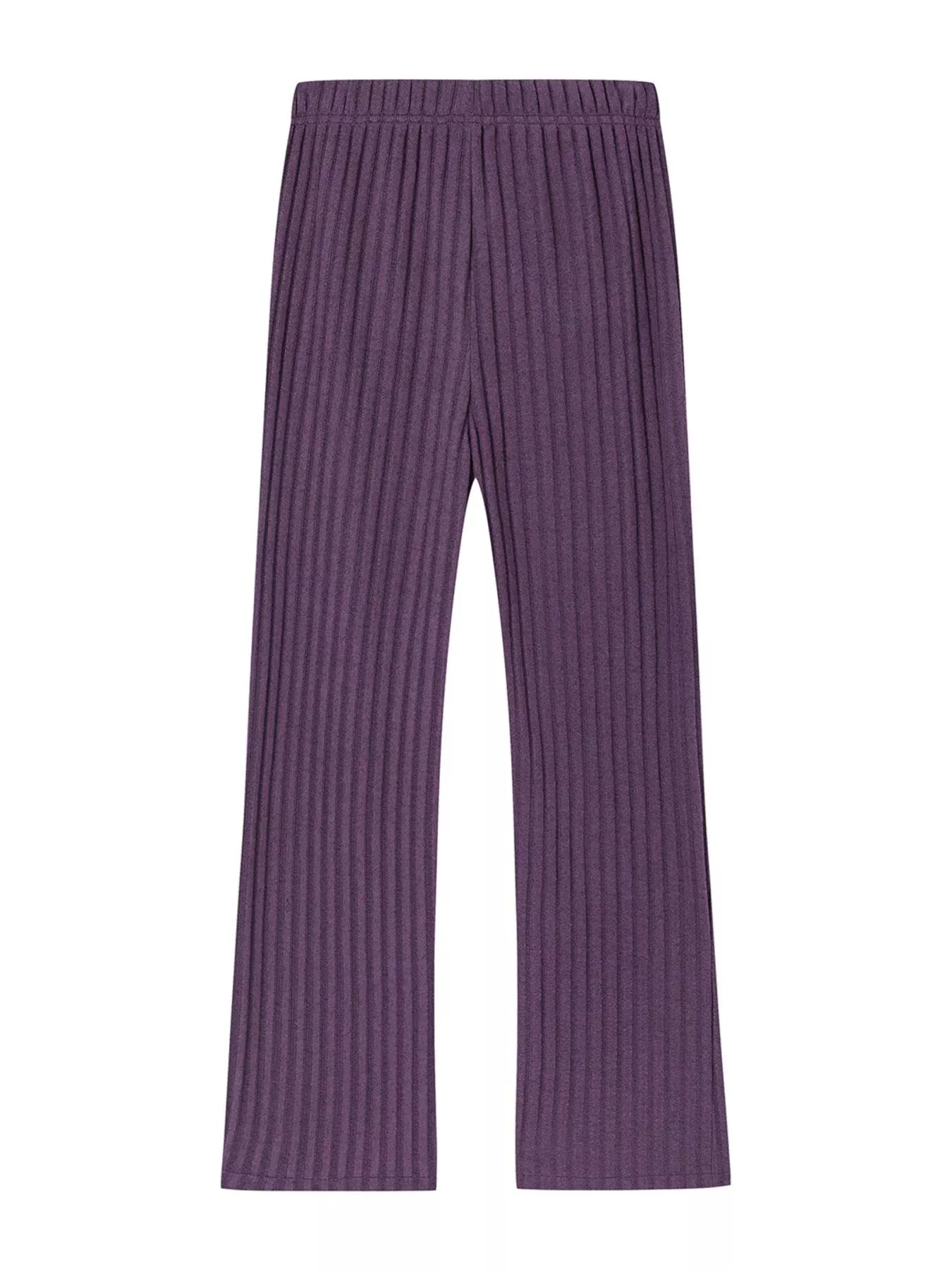 Purple ribbed knit wide-leg pants with elastic waist and vertical texture