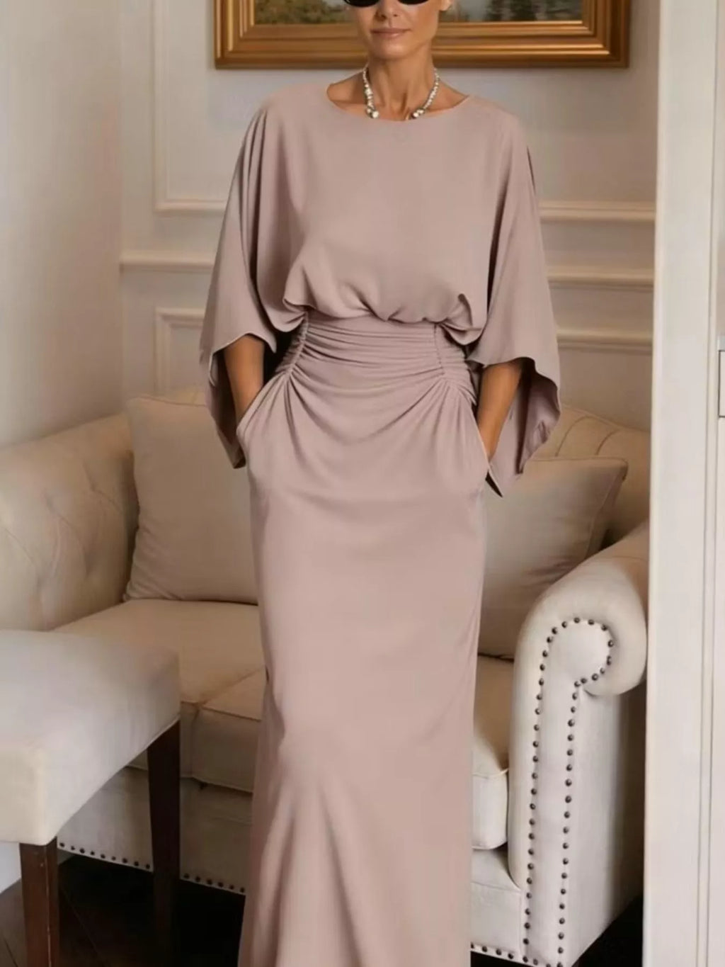 Mauve satin maxi dress with batwing sleeves and ruched waist, flowing skirt