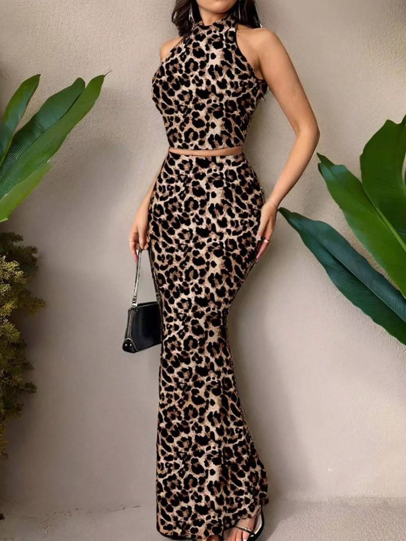 Leopard print halter top and mermaid skirt set with matching waist cutout