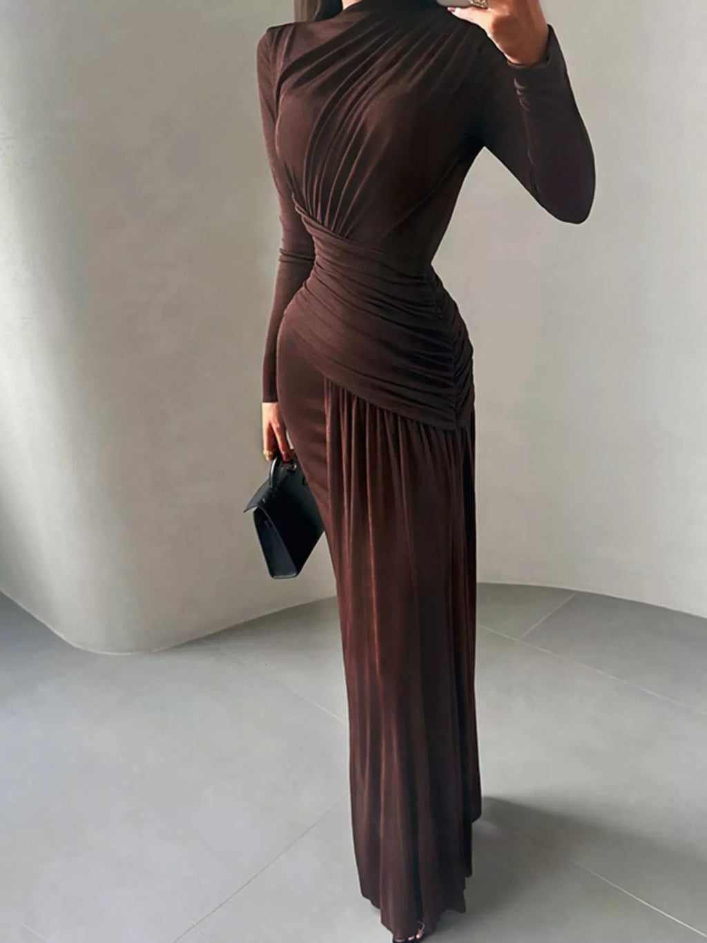 Brown ruched long-sleeve maxi dress with high neck, waist ruching and draped skirt