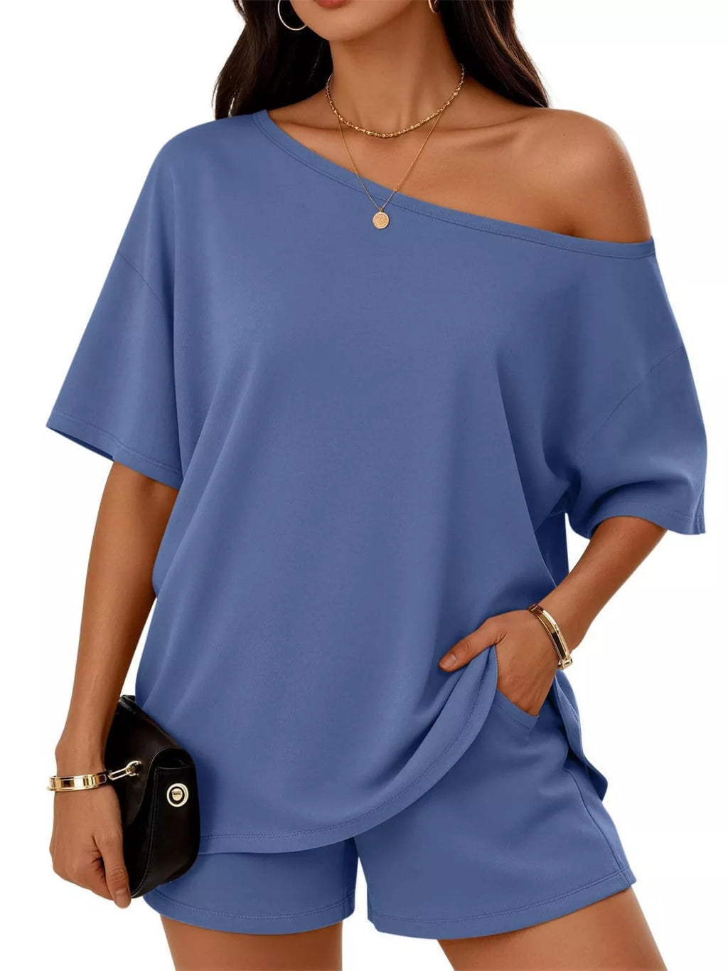 Plus size one-shoulder blue top and shorts set with diagonal neckline and draped front