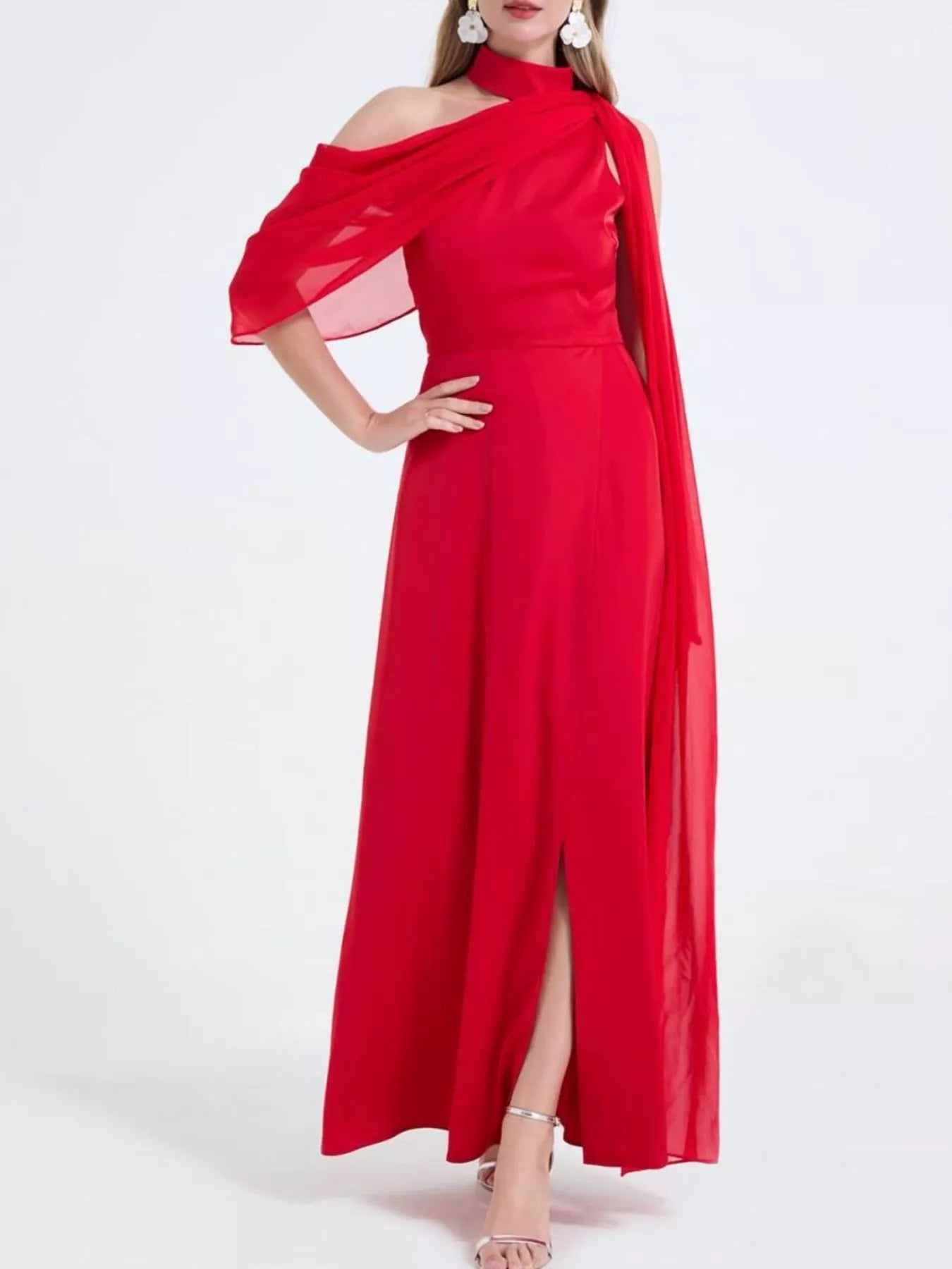 Red sleeved maxi dress with one-shoulder neckline, high slit, and long drape