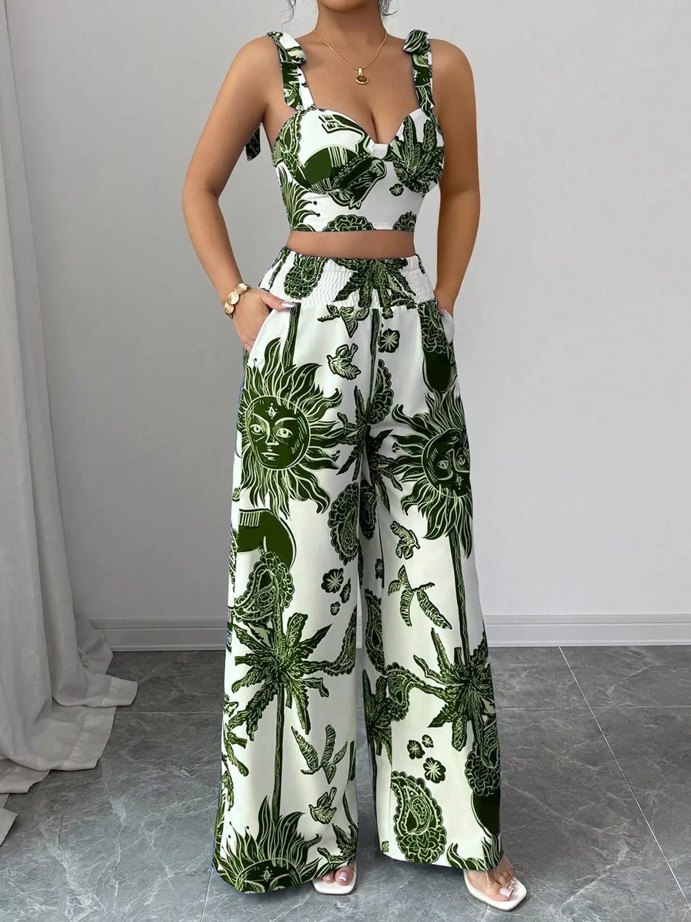 Green and white floral crop top and wide-leg pants set, wide-leg flowy fit