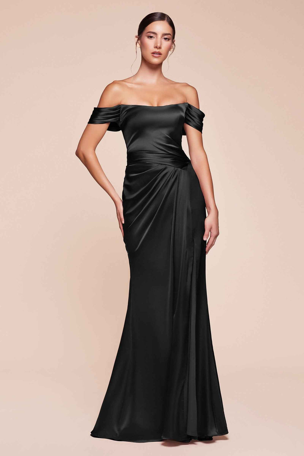 CLEARANCE - Ladivine 7452 Dress Off the Shoulder Black Satin Gown (Size 18)