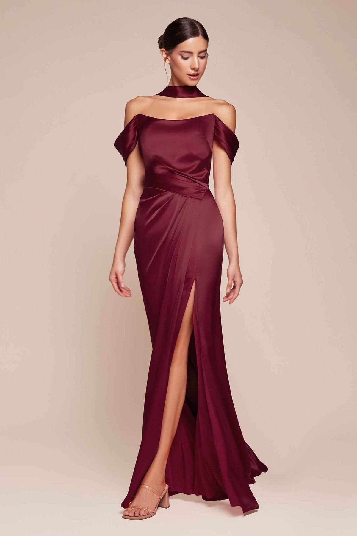 CLEARANCE - Ladivine 7452 Dress Off the Shoulder Black Satin Gown (Size 18)