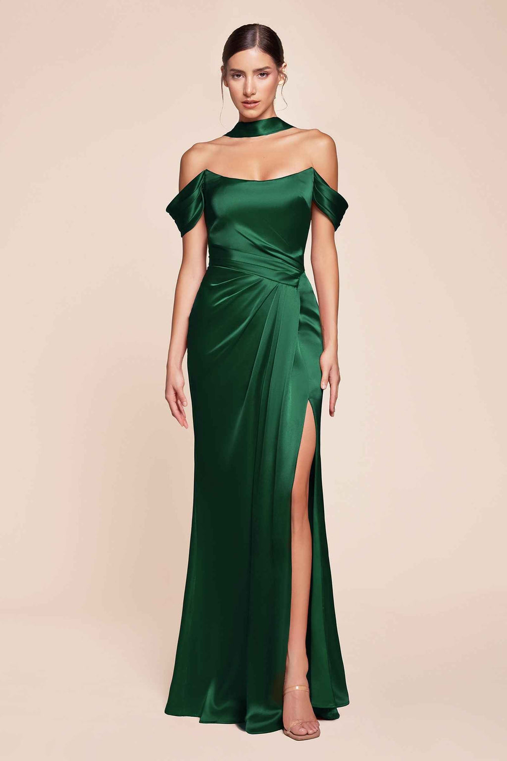 CLEARANCE - Ladivine 7452 Dress Off the Shoulder Black Satin Gown (Size 18)