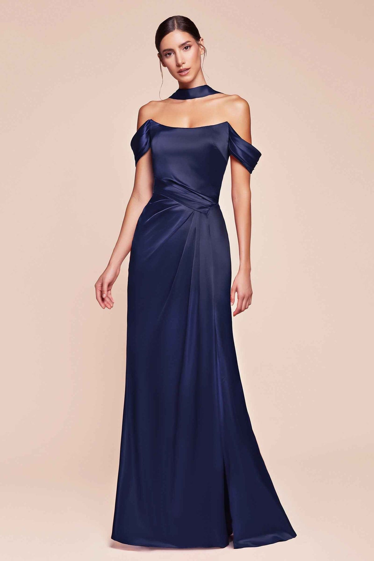 CLEARANCE - Ladivine 7452 Dress Off the Shoulder Black Satin Gown (Size 18)