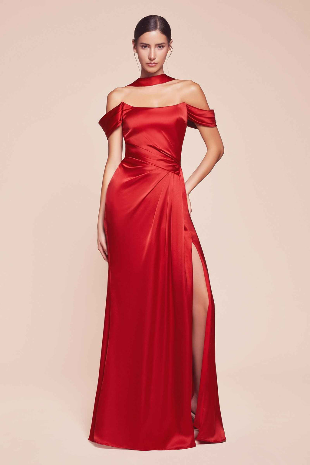 CLEARANCE - Ladivine 7452 Dress Off the Shoulder Black Satin Gown (Size 18)