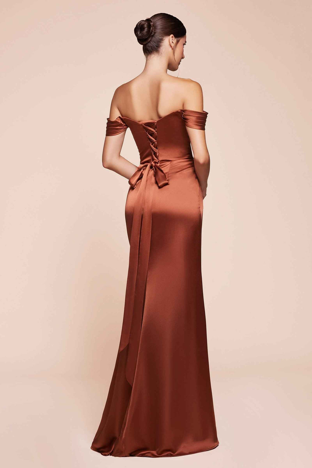 CLEARANCE - Ladivine 7452 Dress Off the Shoulder Black Satin Gown (Size 18)