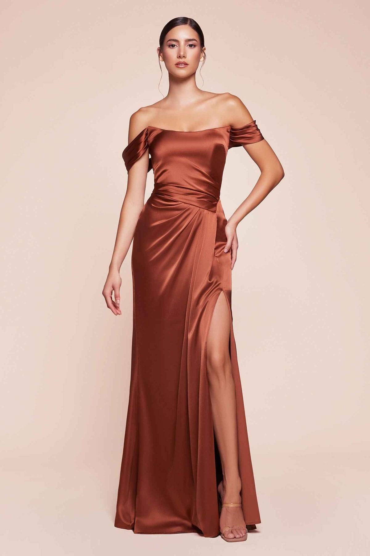 CLEARANCE - Ladivine 7452 Dress Off the Shoulder Black Satin Gown (Size 18)