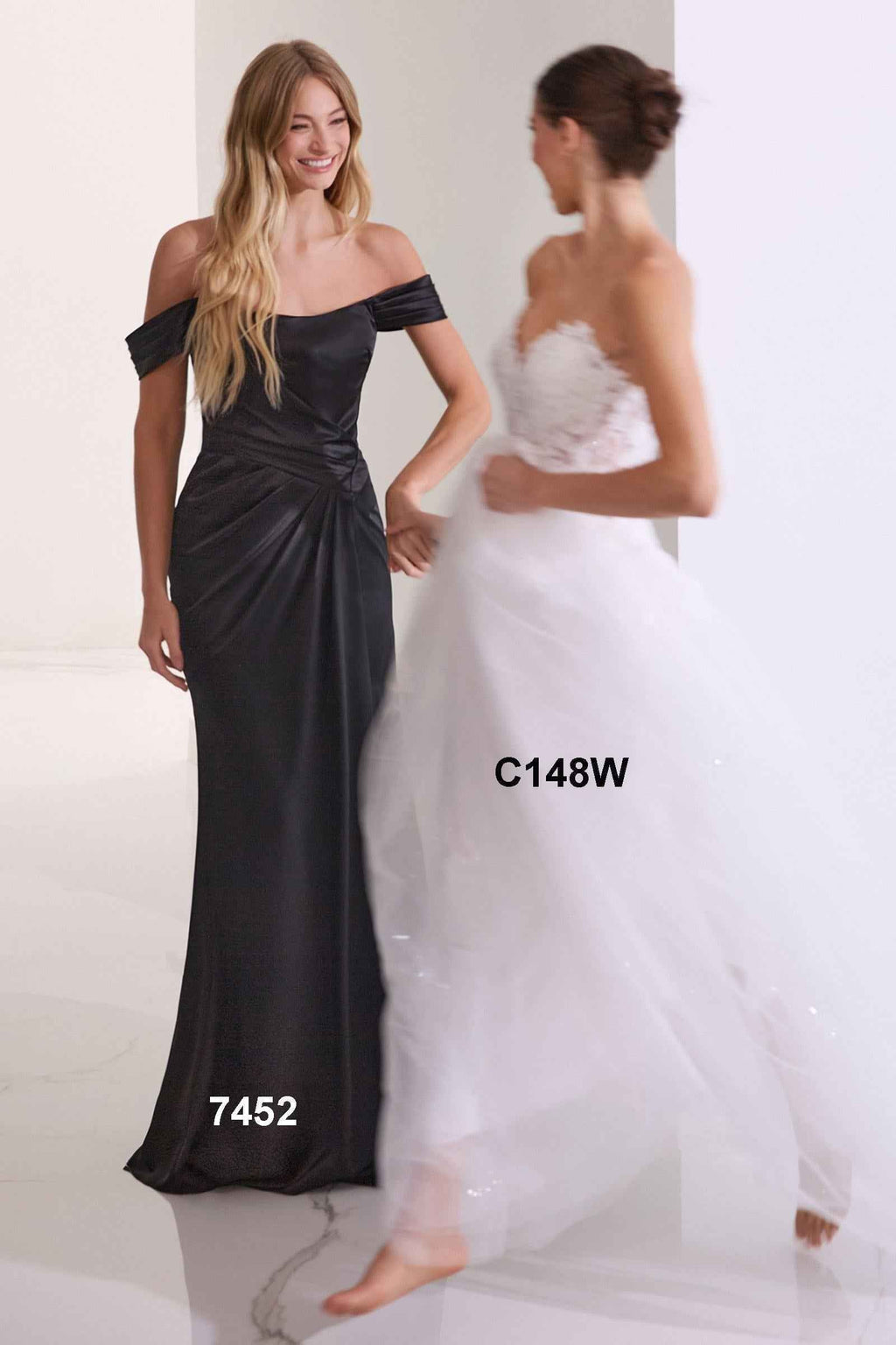 CLEARANCE - Ladivine 7452 Dress Off the Shoulder Black Satin Gown (Size 18)