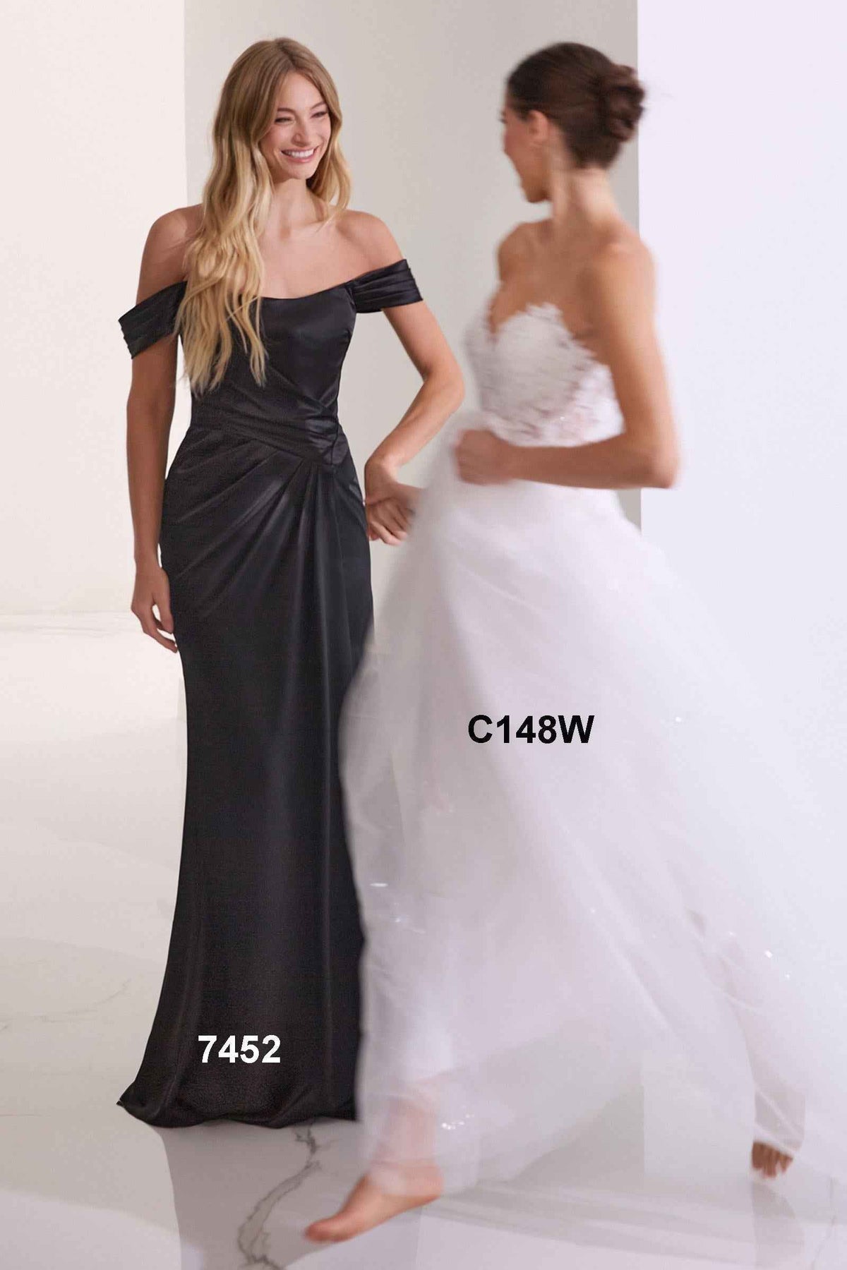 CLEARANCE - Ladivine 7452 Dress Off the Shoulder Black Satin Gown (Size 18)