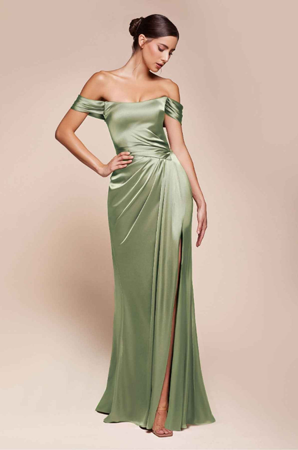 CLEARANCE - Ladivine 7452 Dress Off the Shoulder Black Satin Gown (Size 18)
