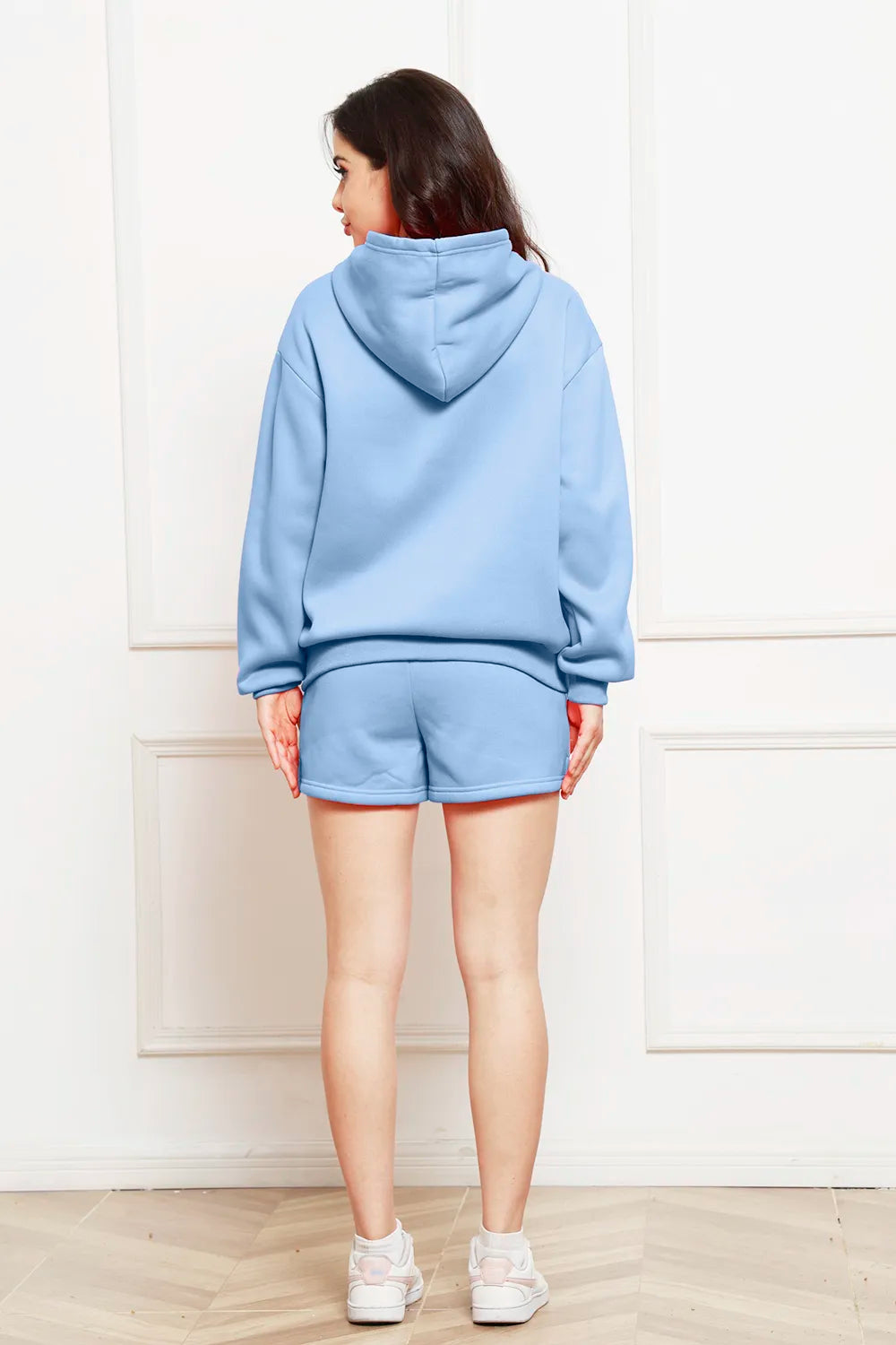 Light blue drop-shoulder long sleeve hoodie and matching shorts set