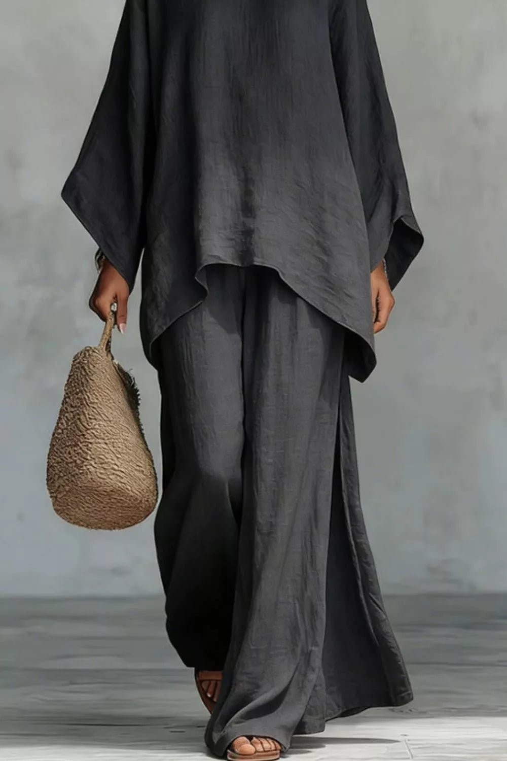 Two-piece long-sleeve top and wide-leg pants set, dark gray/black tunic and wide-leg pants