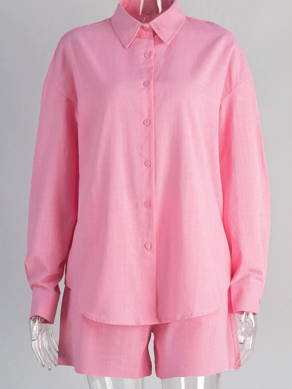 Pink button-up long-sleeve shirt with collar and matching elastic-waist shorts set