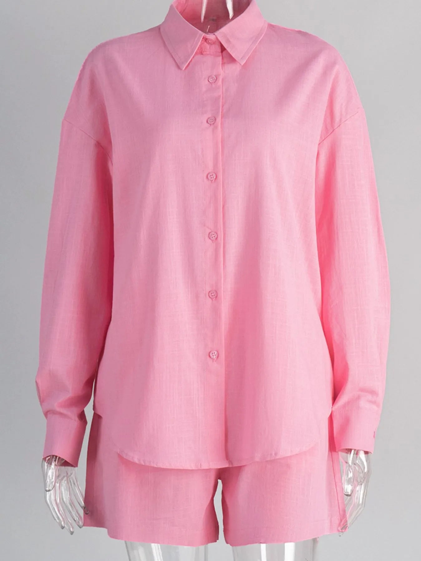 Pink button-up long-sleeve shirt with collar and matching elastic-waist shorts set