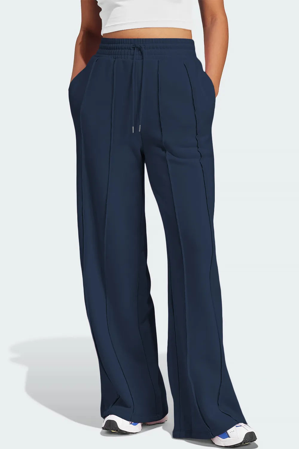 Women’s dark navy wide-leg active pants with drawstring elastic waist and relaxed legs