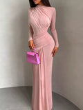 Pink ruched long-sleeve maxi dress with high neckline and gathered waist pleats