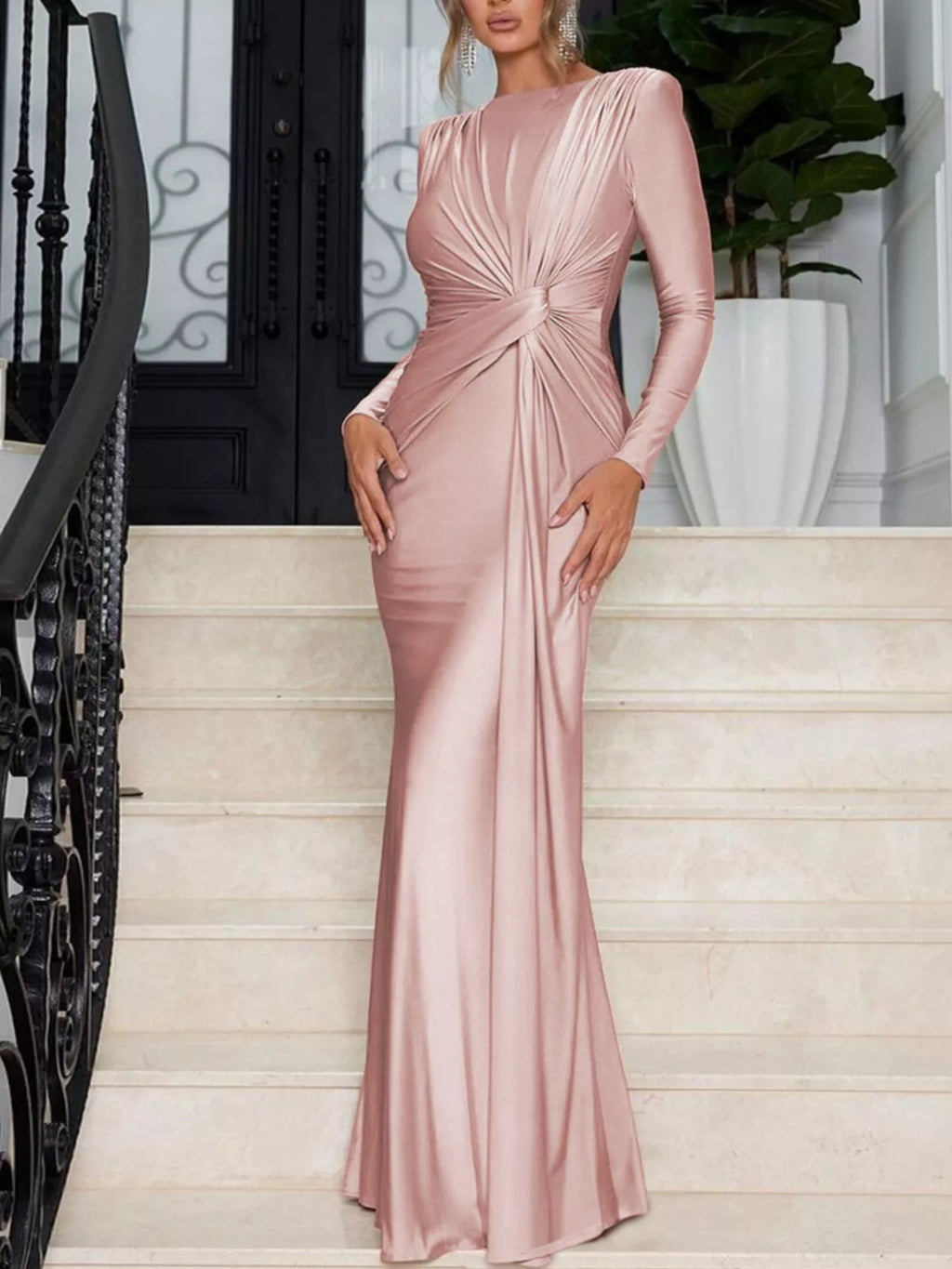 Pink twisted long sleeve maxi dress with gathered knot front, flowing column silhouette