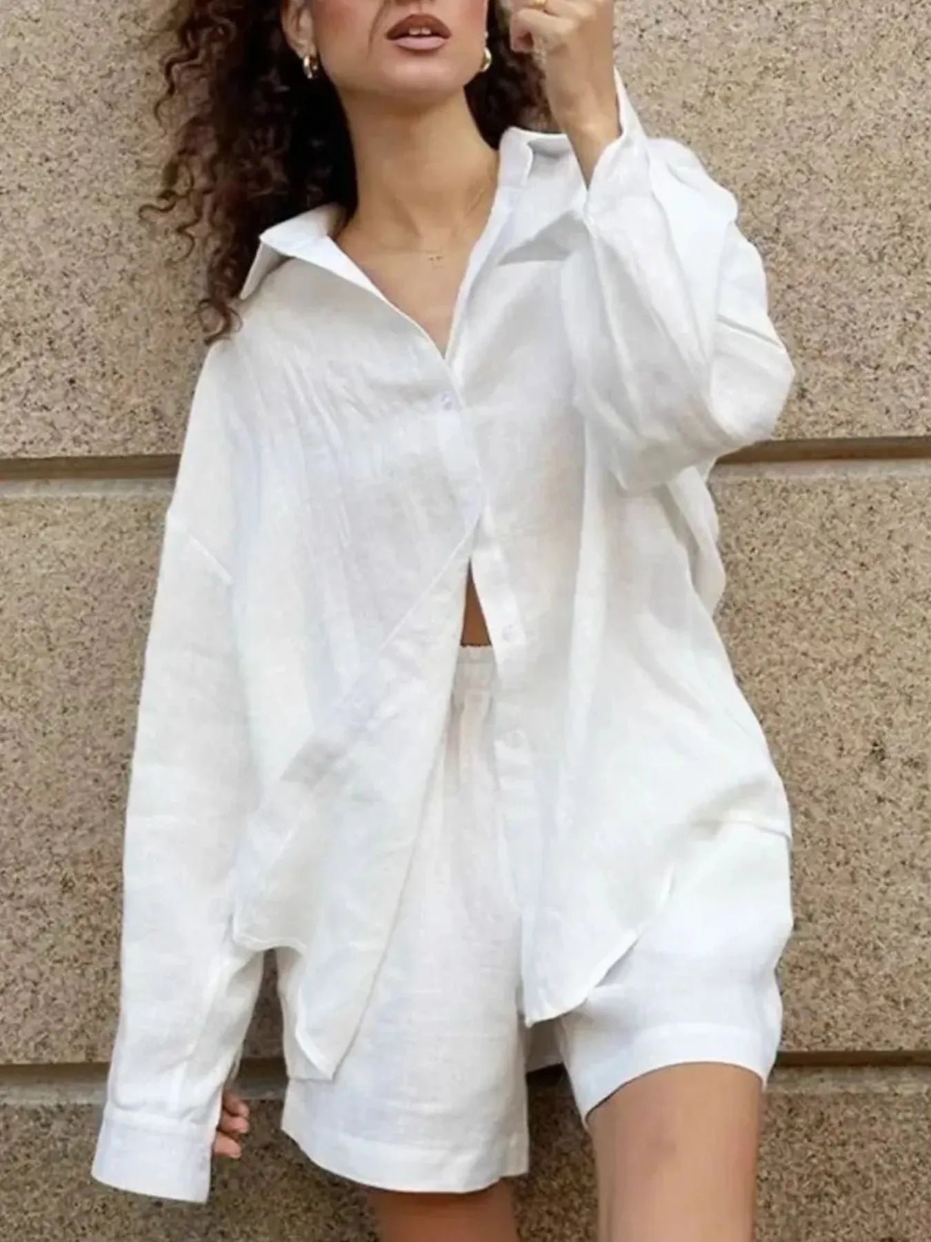 White button-up long-sleeve shirt and matching shorts set