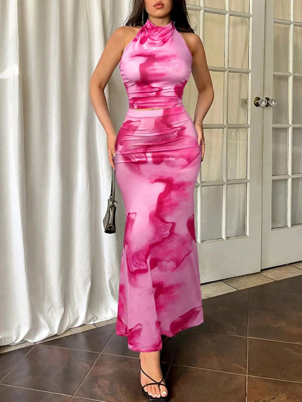 Women’s halter top and mermaid skirt set in pink tie-dye, long fitted skirt